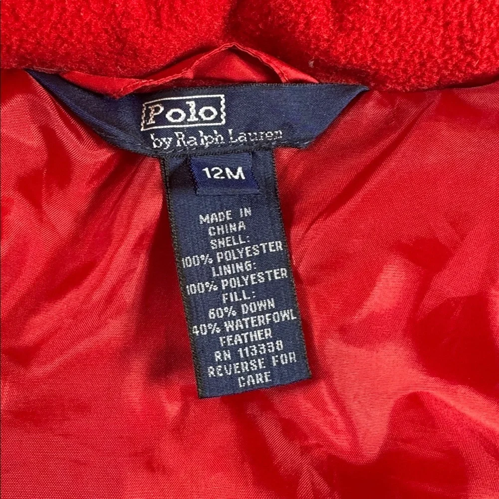 Polo Ralph Lauren Red Down Puffer Jacket‎ Detachable Hood Baby 12M RN113338